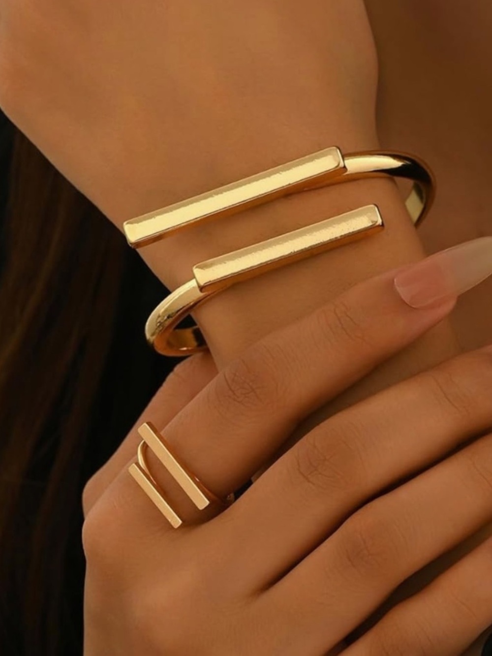 Gold Bar Cuff Bracelet and Ring Set